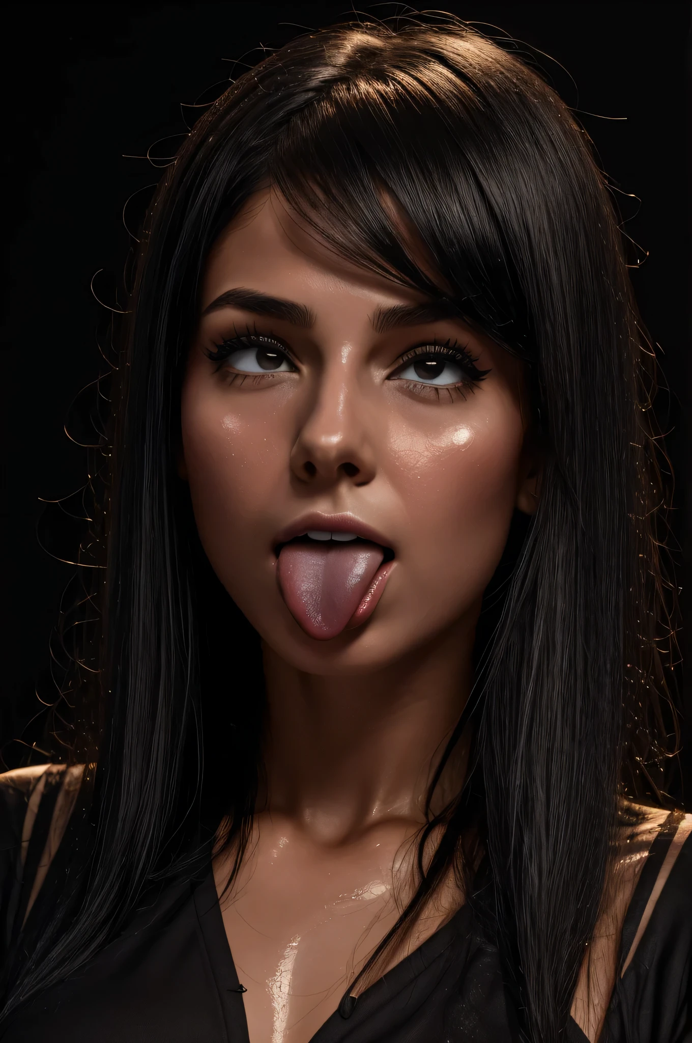 1 girl,Hmm, rough skin, anatomically correct, High resolution, age,focus the eyes clearly, nose and mouth,face focus, close up of face、woman with open mouth and closed eyes, black camisole、20-year-old,black haired、symmetrical face,realistic nostrils、angle from below、elongated C-shaped nostrils、sweaty skin、Skin shiny with sweatを強調する照明、((sharp nose))Skin shiny with sweat、shiny skin、sweaty hair、look up at the audience,long tongue、true skin type、realistic pores,look up,濡れたlong tongue,black background,semi-backlit,(vapor)