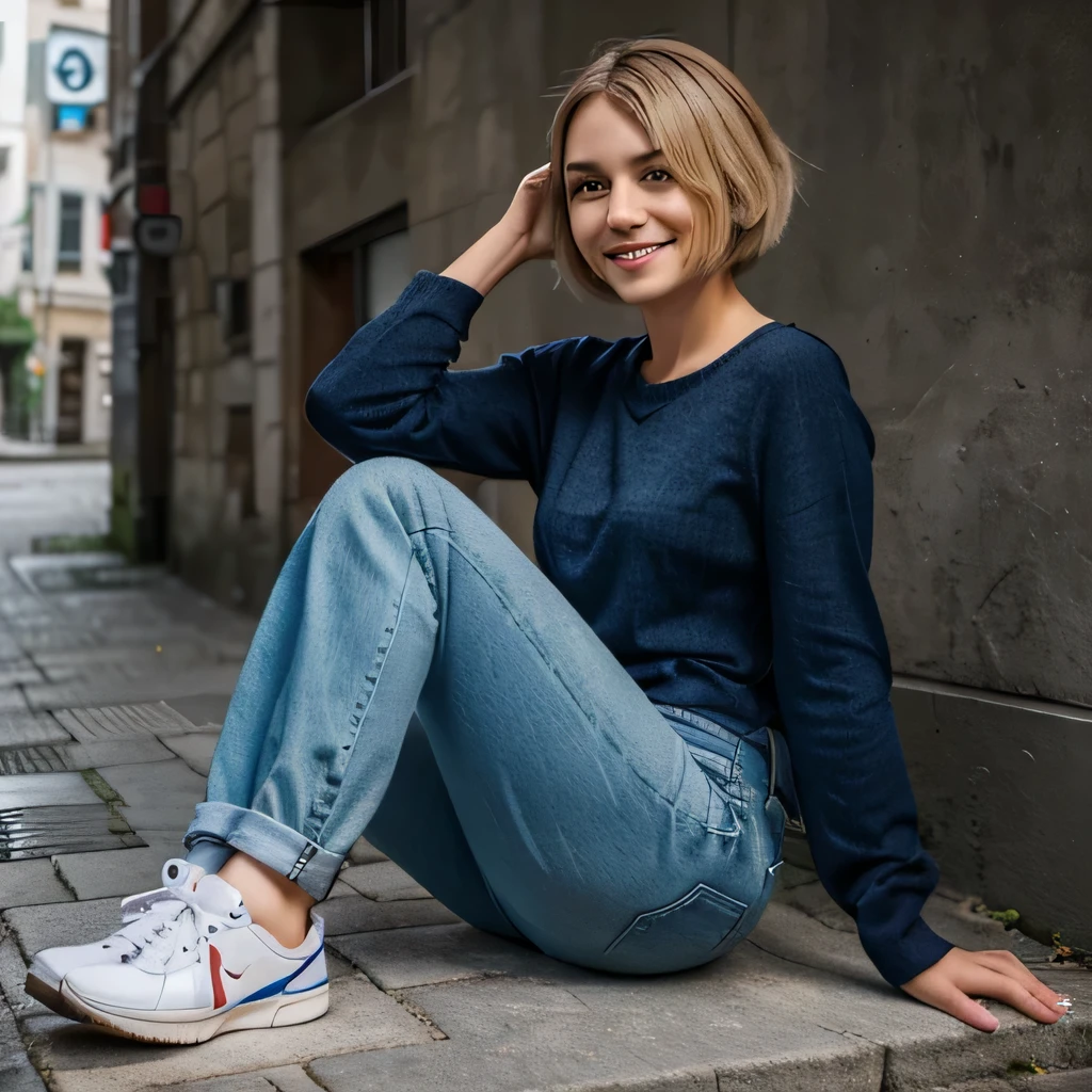 Meisterwerk, good quality, Realistisch, Fotoshooting, girl, pretty, Short bob haircut just above the shoulders, blonde, Seitenteil, Kein Pony, smiling, Modell, Fachmann, , hole body, Full body framed, Sehr detaillierte Darstellung, Galakleid Rot, Geht von links nach rechts, Medium sized handbag, schick, von der Kamera abgewandt, wears blue jeans, Sneaker-Schuhe

