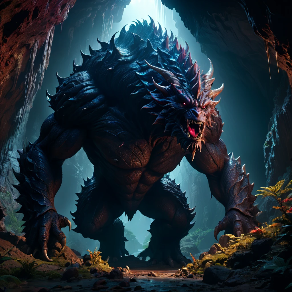 Giant creature, aesthetic, extremely detailed, Giant Creature in a dark cavern, Hyper realistic, Dark-Art, 8K, concept art, filmic, HDR, volumetric lighting, highly detailed, cinematic lighting, artstation, vibrant nature, volumetric light, octane render, redshift render, camera close up, rich deep moody colors, ultra realistic