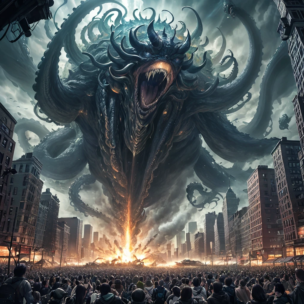 A jaw-dropping illustration of an epic space battle, with a massive alien monster looming ominously over New York City. The creature has multiple tentacles and a sinister grin, surrounded by a chaotic whirlwind of cosmic energy. The city skyline is in disarray, as buildings collapse and citizens cower in fear, their screams adding to the cacophony of sounds. The overall tone of the image is intense, evoking a sense of dread and impending doom.