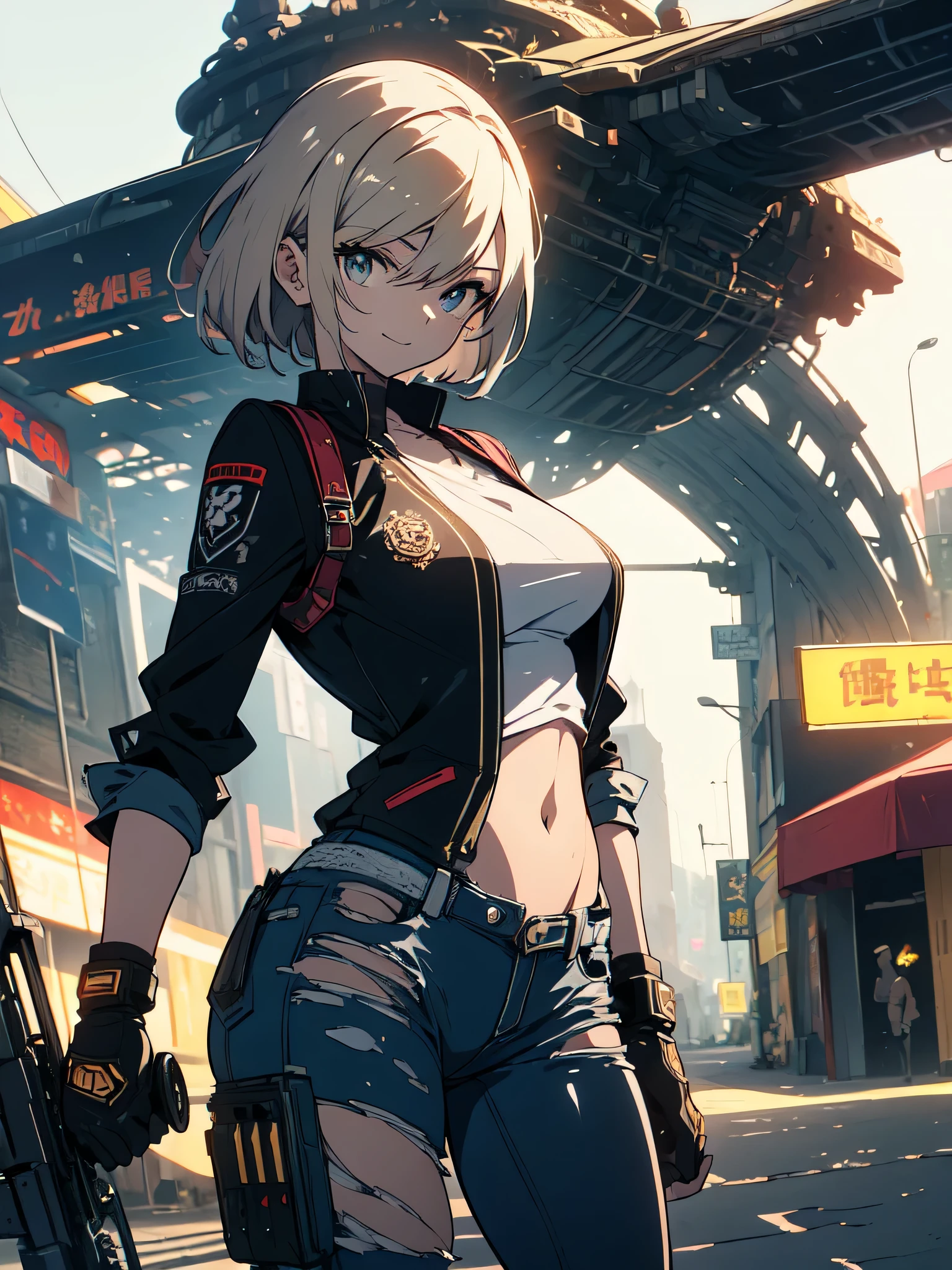 ((((masterpiece)))), expensive quality, very_expensive_solve, big_file size, full color, Steampunk featuring futuristic planets,, big規模の都市中で, Bustling foreigner market, and off-road bike. The main character is a beautiful girl with a beautiful upper body.., short blonde hair, and a silvery smile., mechanized weapons. wearing a white tank top, Damaged Denim Shorts, Engineer boot, and off-road bikeに乗って. beautiful anime