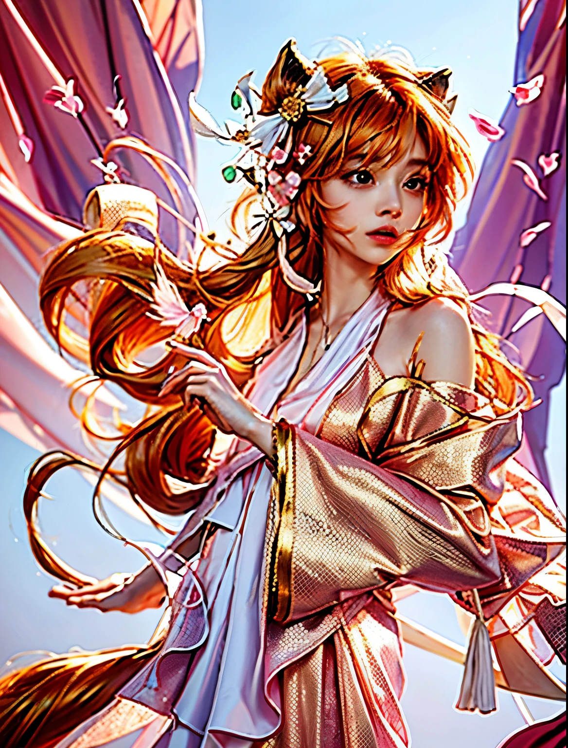 Pink and white clothes，orange hair，Golden tail，Fair skin and beautiful appearance，masterpiece，best quality，2k，Chen color background，Golden tail，Exquisite anime characters
