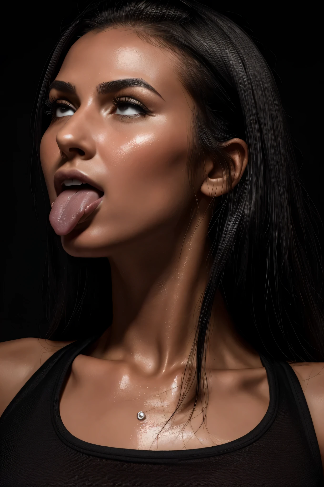 1 girl,Hmm, rough skin, anatomically correct, High resolution, teenage,focus the eyes clearly, nose and mouth,face focus, close up of face、woman with open mouth and closed eyes, black camisole、20-year-old,black haired、symmetrical face,realistic nostrils、angle from below、elongated C-shaped nostrils、sweaty skin、Skin shiny with sweatを強調する照明、((sharp nose))Skin shiny with sweat、shiny skin、sweaty hair、look up at the audience,long tongue、true skin type、realistic pores,look up,濡れたlong tongue,black background,semi-backlit,（vapor）