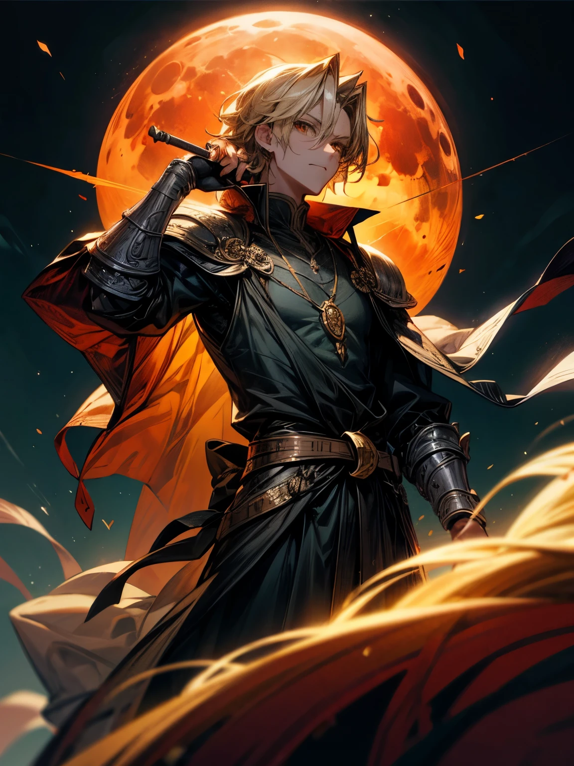 Generate an image of a character with the following attributes: The character is a man with short and wheat-colored hair, amber-honey eyes, a noble and mature appearance, wearing black armor covered by a green cloak. The hair is short and wavy, with a neutral expression. The character is adorned with a complete crescent moon and waning moon necklace, as well as an amethyst necklace. Blood Moon. The style is manga