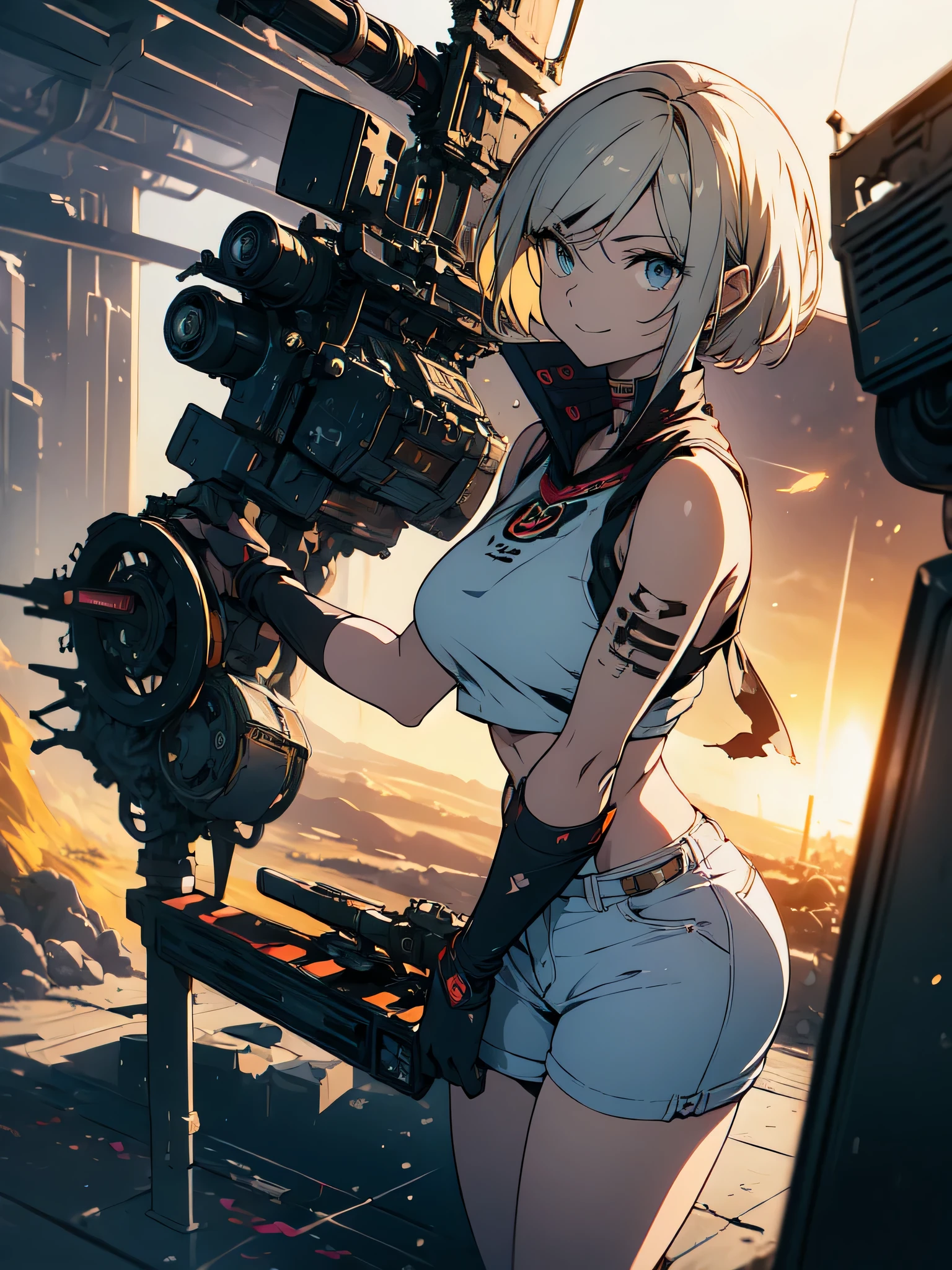 ((((masterpiece)))), expensive quality, very_expensive_solve, big_file size, full color, Steampunk featuring futuristic planets,, big規模の都市中で, Bustling foreigner market, and off-road bike. The main character is a beautiful girl with a beautiful upper body.., short blonde hair, and a silvery smile., mechanized weapons. wearing a white tank top, Damaged Denim Shorts, Engineer boot, and off-road bikeに乗って.  beautiful anime