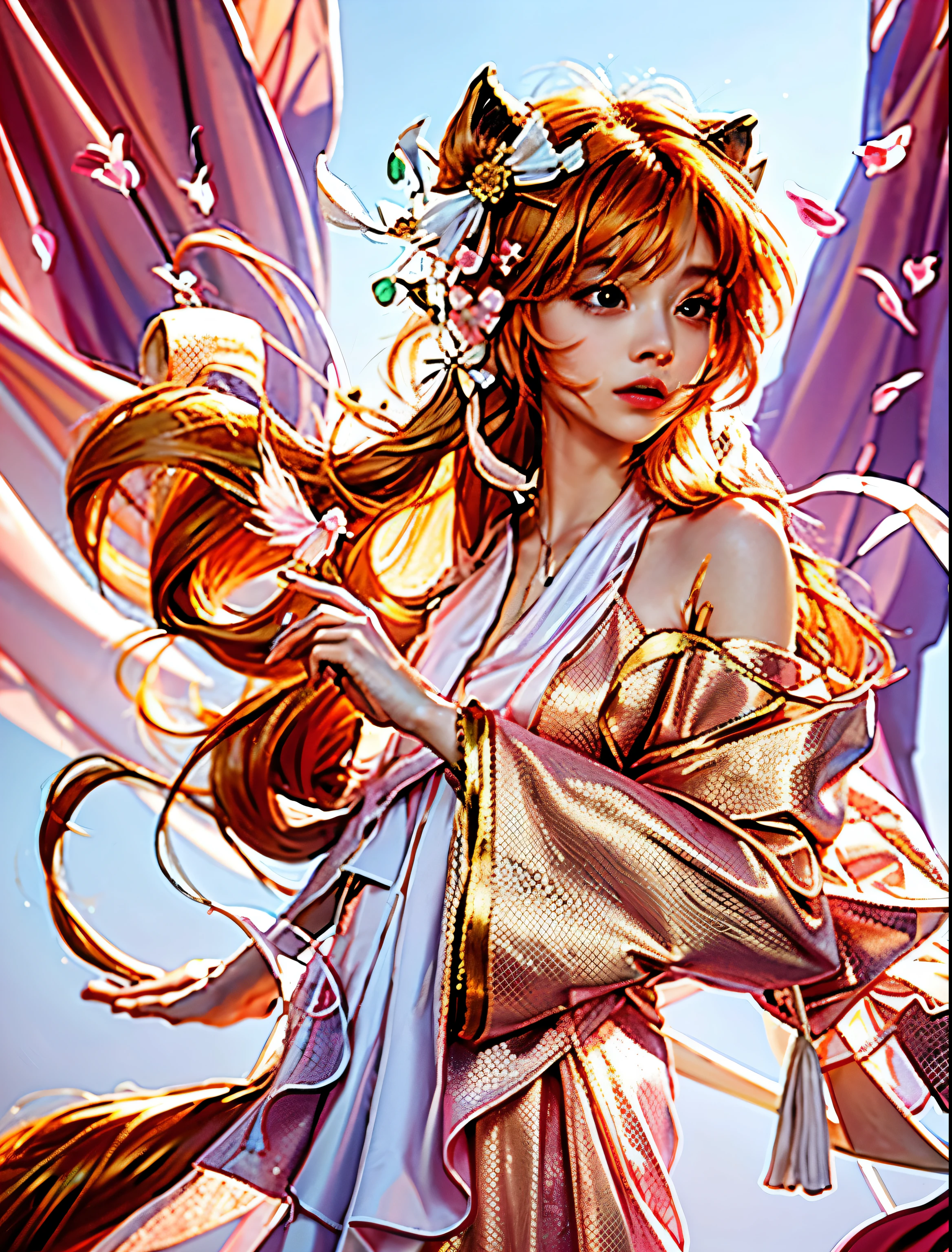 pink and white clothes,Orange hair,Kanao,fair skin and beautiful appearance,masterpiece,best quality,2k,Chen color background,Kanao,Beautiful anime characters