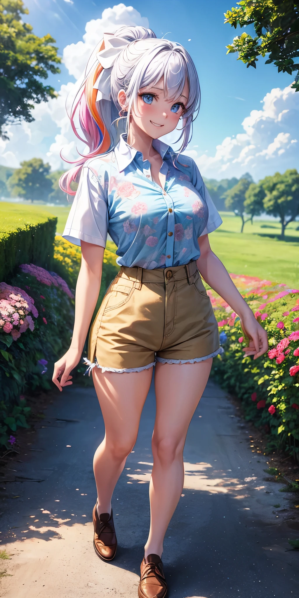 1girl, solo, full body, summer, village, trees, sun, clouds, ((colorful hair)), ponytail, large breasts, button down, blue eyes, ((floral pattern white shirt)), ((unbuttoned shirt)), ((short sleeved shirt)), belly reveal, shorts, brown shoes, grin, looking at the viewer, standing, hair ribbon