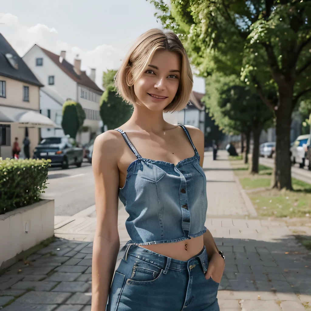 Meisterwerk, good quality, Realistisch, Fotoshooting, girl, pretty, Short bob haircut just above the shoulders, blonde, Seitenteil, Kein Pony, smiling, Modell, Fachmann, , hole body, Full body framed, Sehr detaillierte Darstellung, Galakleid Rot, Geht von links nach rechts, Medium sized handbag, schick, von der Kamera abgewandt, wears blue jeans, Sneaker-Schuhe