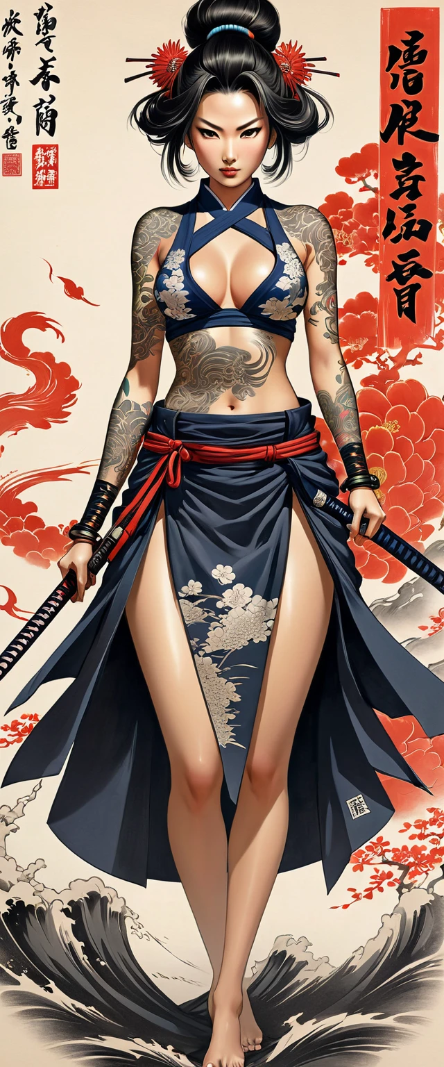 authentic illustrated Washipaper close full body infp complex Oda Nobunaga add weapon(perfect ), Beautiful firm round busts, perfect busts, authentic tattoo designs drawn directly all over the body, bold medium, authentic samurai Art Design, Cutting-edge samurai fashion, Innovative, The center of attention,japanese prefecture, honk kong, Special laser art design, -motto,against a complex Background, --niji 50 --chaos 30 --testpfx