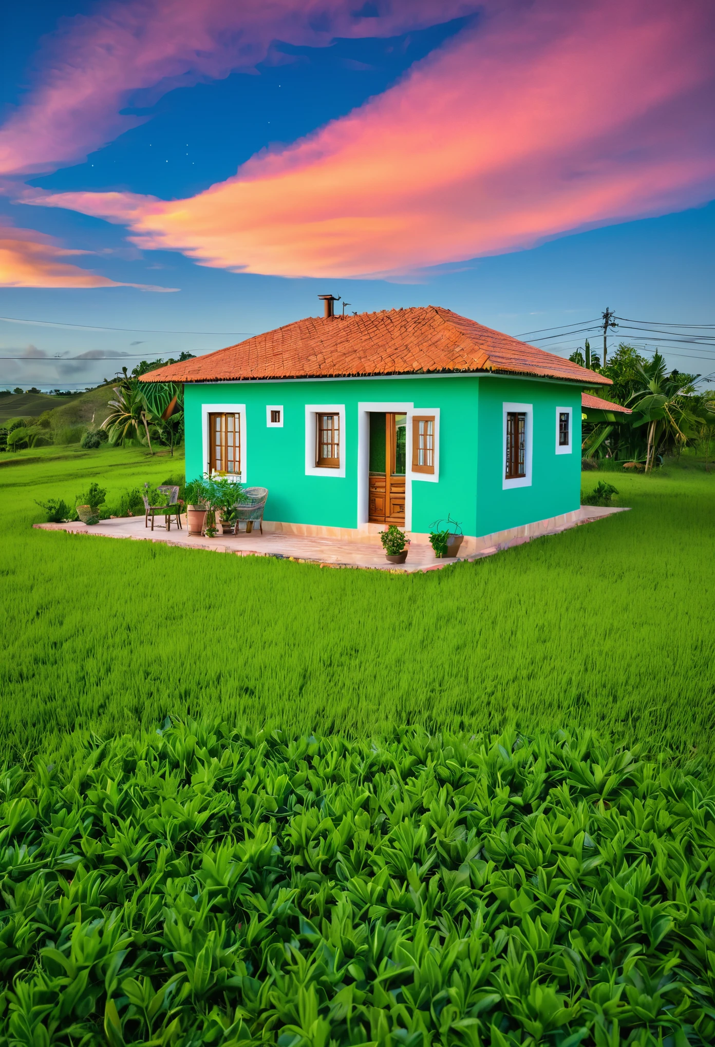 Casa pequena estilo anos 30, no meio de um campo verde, vivid sky (destacar campo)