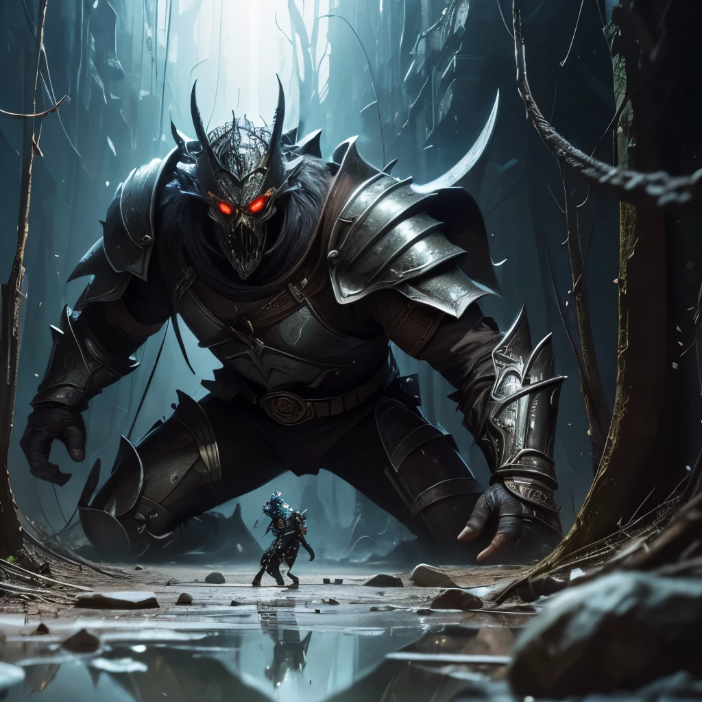 (comic storyboard:1.4), comics_layout, A small black-armored warrior fights against a huge demon king,body shape difference', science fiction, fantasy, fear, Skulls on the ground, Blood, tornado, empire, tangled roots,distortion,damaged,ethereal, (isolation:1.1), (glaze:1.1), (reflected light:1.2), Glass, polygon, Super detailed, complex, oil on canvas, dry brush, (Surrealism:1.1), (Disturbing:1.1), Enhance details, 32k, Ultra high quality