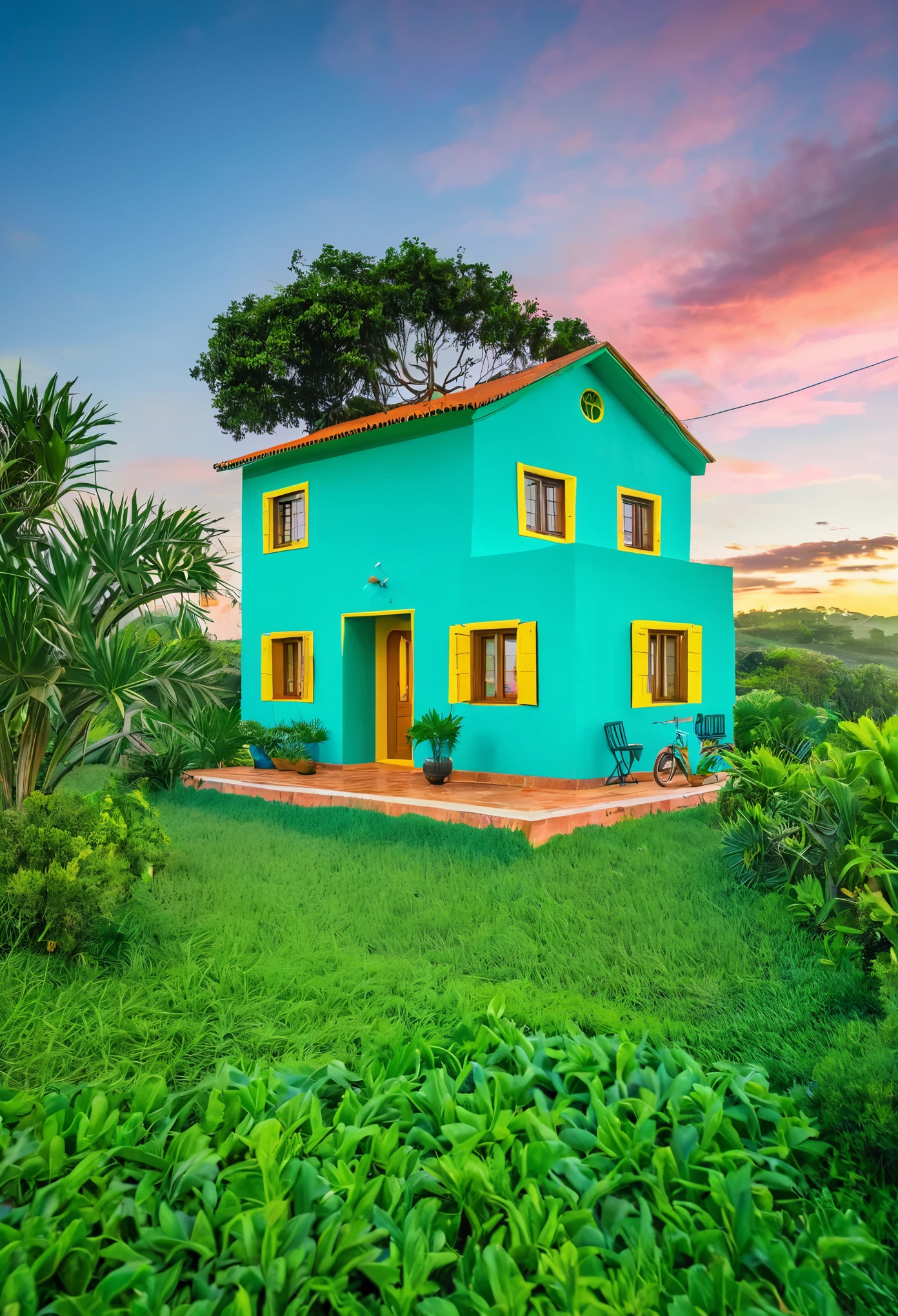 Casa pequena estilo anos 30, no meio de um campo verde, vivid sky (destacar campo)