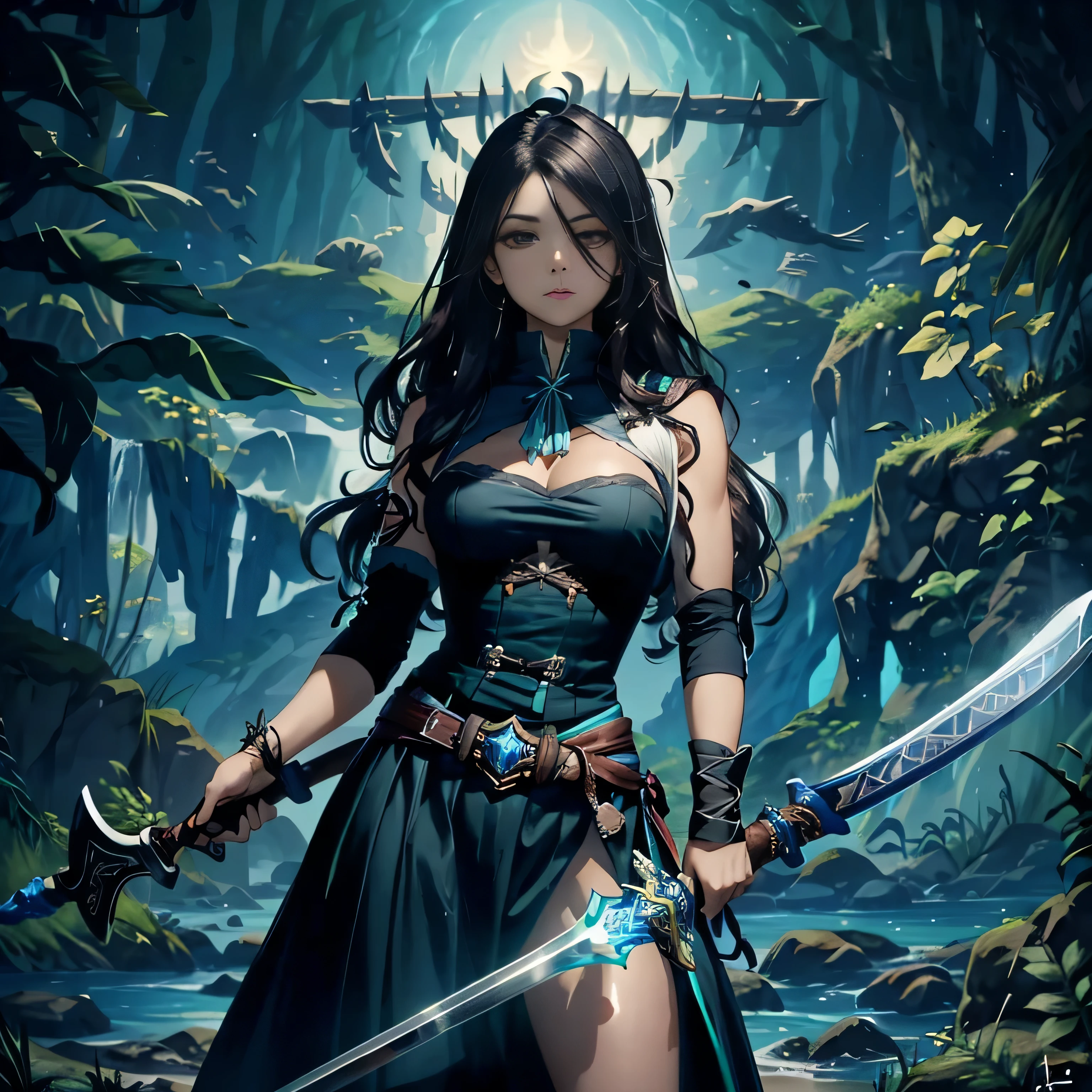 Young elf woman wearing black lingerie, blue eyes and black hair wielding a katana with a background of a waterfall, several green trees, tulips, roses and mountains