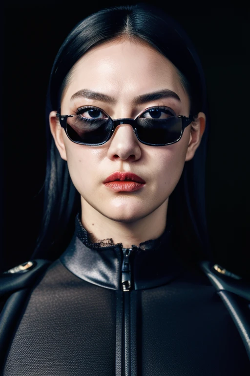 A girl with detailed facial features (beautiful detailed eyes, beautiful detailed lips, extremely detailed eyes and face, long eyelasheedium: oil painting, ultra-detailed, realistic, high-res, professional, vivid colors, portraits, FBI agent, serious expression, wearing a black suit and sunglasses, holding a badge and a gun, standing in front of a dark background with dramatic lighting.