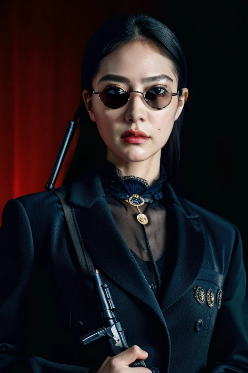 A girl with detailed facial features (beautiful detailed eyes, beautiful detailed lips, extremely detailed eyes and face, long eyelasheedium: oil painting, ultra-detailed, realistic, high-res, professional, vivid colors, portraits, FBI agent, serious expression, wearing a black suit and sunglasses, holding a badge and a gun, standing in front of a dark background with dramatic lighting,perfect face,hard look.