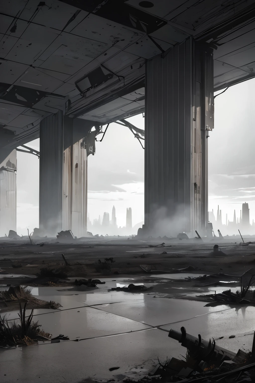 A haunting digital illustration of a desolate wasteland stretching as far as the eye can see, inspired by the barren landscapes of Attack on Titan. The sky is shrouded in darkness, with ominous clouds swirling overhead. Cracked earth and skeletal trees dot the landscape, while the remnants of civilization lie in ruins. The color palette is muted and desaturated, with shades of grey and brown conveying the bleakness of the scene. The atmosphere is heavy with despair and isolation, as if all hope has been lost.