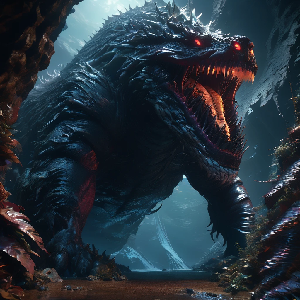 Giant creature, aesthetic, extremely detailed, Giant Creature in a dark cavern, Hyper realistic, Dark-Art, 8K, concept art, filmic, HDR, volumetric lighting, highly detailed, cinematic lighting, artstation, vibrant nature, volumetric light, octane render, redshift render, camera close up, rich deep moody colors, ultra realistic