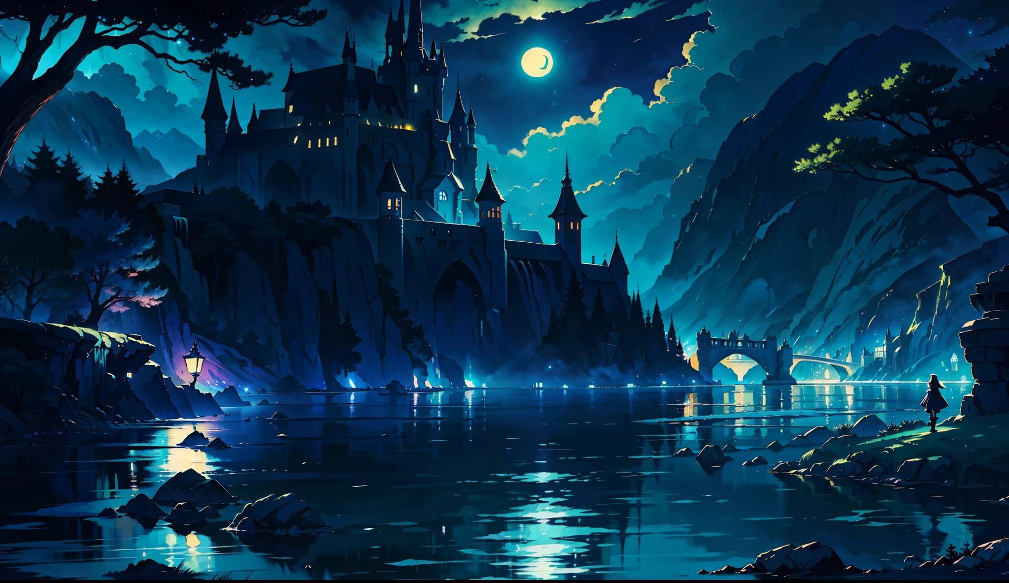 A painting of a river with a full moon in the background, Digital art inspired by Andreas Rocha, pixiv contest winner, fantasy art, magical landscape, magical environment, beautiful anime scenery, detailed dreamscape, beautiful anime scene, night view, fantastic dream-like atmosphere, moonlight starry environment, anime landscape wallpapers, anime background art, A painting depicting a dreamscape