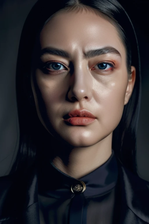 A girl with detailed facial features (beautiful detailed eyes, beautiful detailed lips, extremely detailed eyes and face, long eyelasheedium: oil painting, ultra-detailed, realistic, high-res, professional, vivid colors, portraits, FBI agent, serious expression, wearing a black suit and sunglasses, holding a badge and a gun, standing in front of a dark background with dramatic lighting,perfect face,hard look.