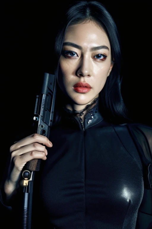 A girl with detailed facial features (beautiful detailed eyes, beautiful detailed lips, extremely detailed eyes and face, long eyelasheedium: oil painting, ultra-detailed, realistic, high-res, professional, vivid colors, portraits, FBI agent, serious expression, wearing a black suit and sunglasses, holding a badge and a gun, standing in front of a dark background with dramatic lighting,perfect face,hard look.