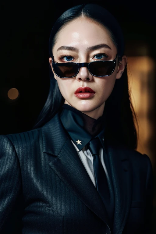 A girl with detailed facial features (beautiful detailed eyes, beautiful detailed lips, extremely detailed eyes and face, long eyelasheedium: oil painting, ultra-detailed, realistic, high-res, professional, vivid colors, portraits, FBI agent, serious expression, wearing a black suit and sunglasses, holding a badge and a gun, standing in front of a dark background with dramatic lighting,perfect face,hard look.