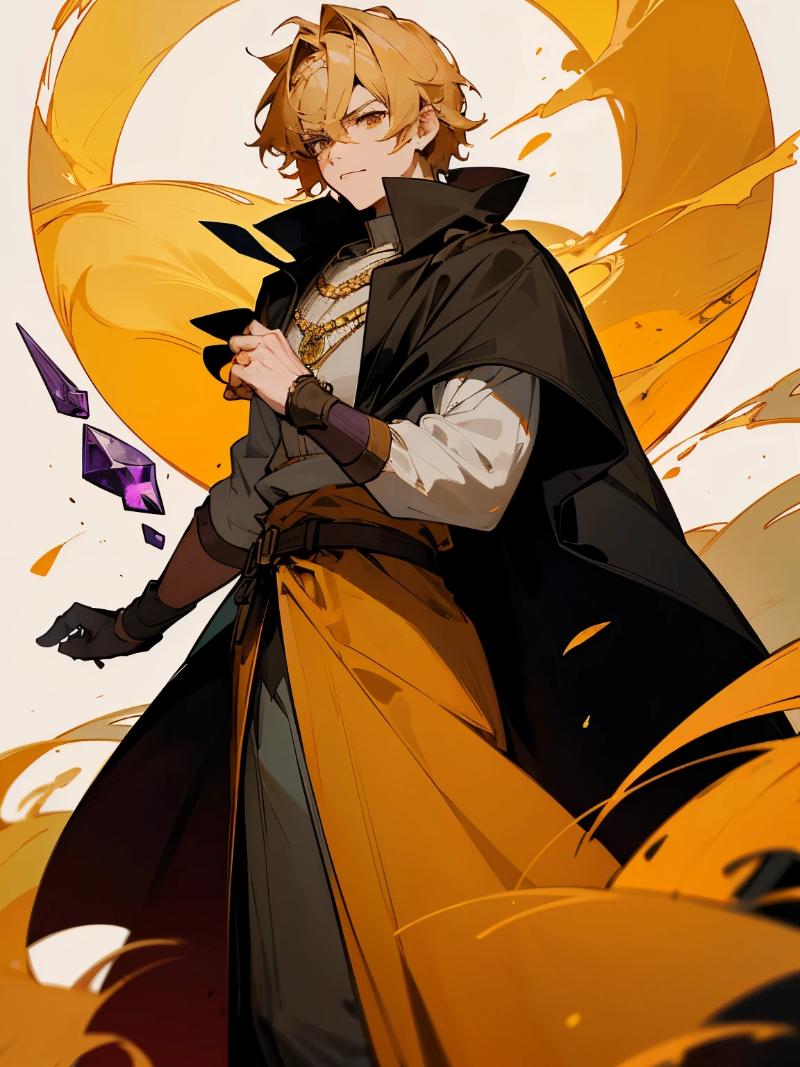 Generate an image of a character with the following attributes: The character is a man with short and wheat-colored hair, amber-honey eyes, a noble and mature appearance, wearing black armor covered by a green cloak. The hair is short and wavy, with a neutral expression. The character is adorned with a complete crescent moon and waning moon necklace, as well as an amethyst necklace. Blood Moon. The style is manga