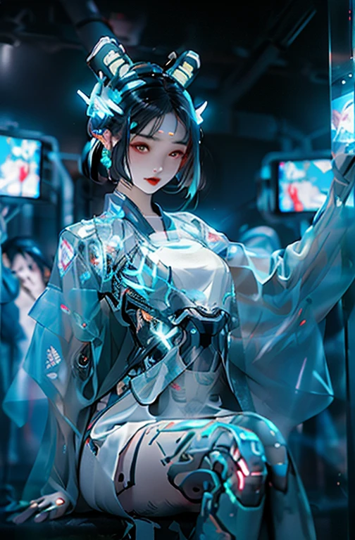 1 girl, solo, cyberhanfu, long sleeves, chinese_clothes, in blue and white, cyberpunk city, dynamic pose, Headdress, hair ornament, long hair, cyberpunk, a high-tech city, full of machinery and futuristic element, futurism, technology 
