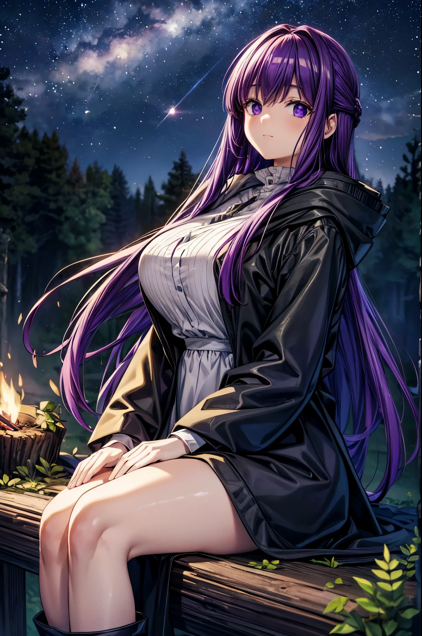 Solo, 1girl, Fern, Fern \(Frieren: Beyond Journey’s End\), Long Flowy Purple Hair, Dark Purple Eyes, Cute Face, Large Breast Size, Busty Chest, Wide Hips, Thick Thighs, Black Long Cloak, White Dress Underneath Cloak, Brown Boots, Sitting on Tree Log, Sitting Beside Campfire, Starry Night Sky, Lush Forest Background, Maaterpiece, 4K Resolution