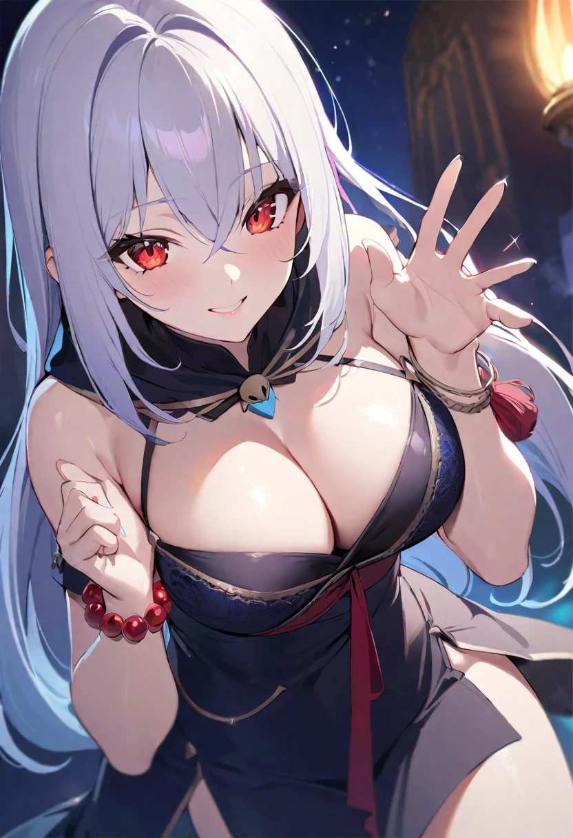 Shirakami Fubuki/(Holographic live broadcast/),(simple hands:0.5)+(Detailed hands:0.7),(masterpiece),(best quality),red eyes,1 girl,pale skin,gray hair,red eyes,two color hair,eyelash,a bracelet,jewelry,smiling,sparkling skin,shiny hair,Detailed and majestic stage,Dreamy,long hair,1 busty girl,two color hair,night sky, Incredibly detailed CG illustration masterpiece,Looking at you,proportions are correct,anime sexy,beautiful anime eyes, Beautiful and delicate eyes, purple eyes, sparkling eyes, red eyes, (whole body), (curve),
