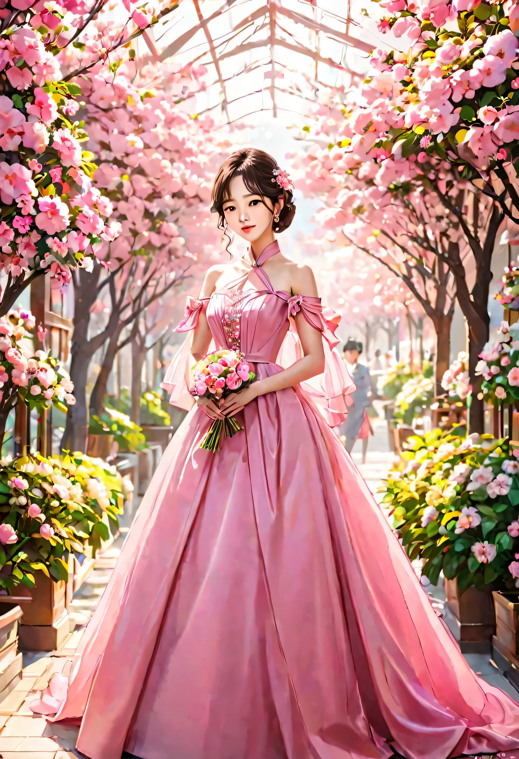 a woman in a pink dress holding a bouquet of flowers, female actress from korea, kim hyun joo, shin min jeong, beautiful south korean woman, ulzzang, cute korean actress, portrait of female korean idol, popular korean makeup, romantic dress, queen of flowers, beautiful young korean woman, wearing pink floral gown, popular south korean makeup, wearing a pink ballroom gown