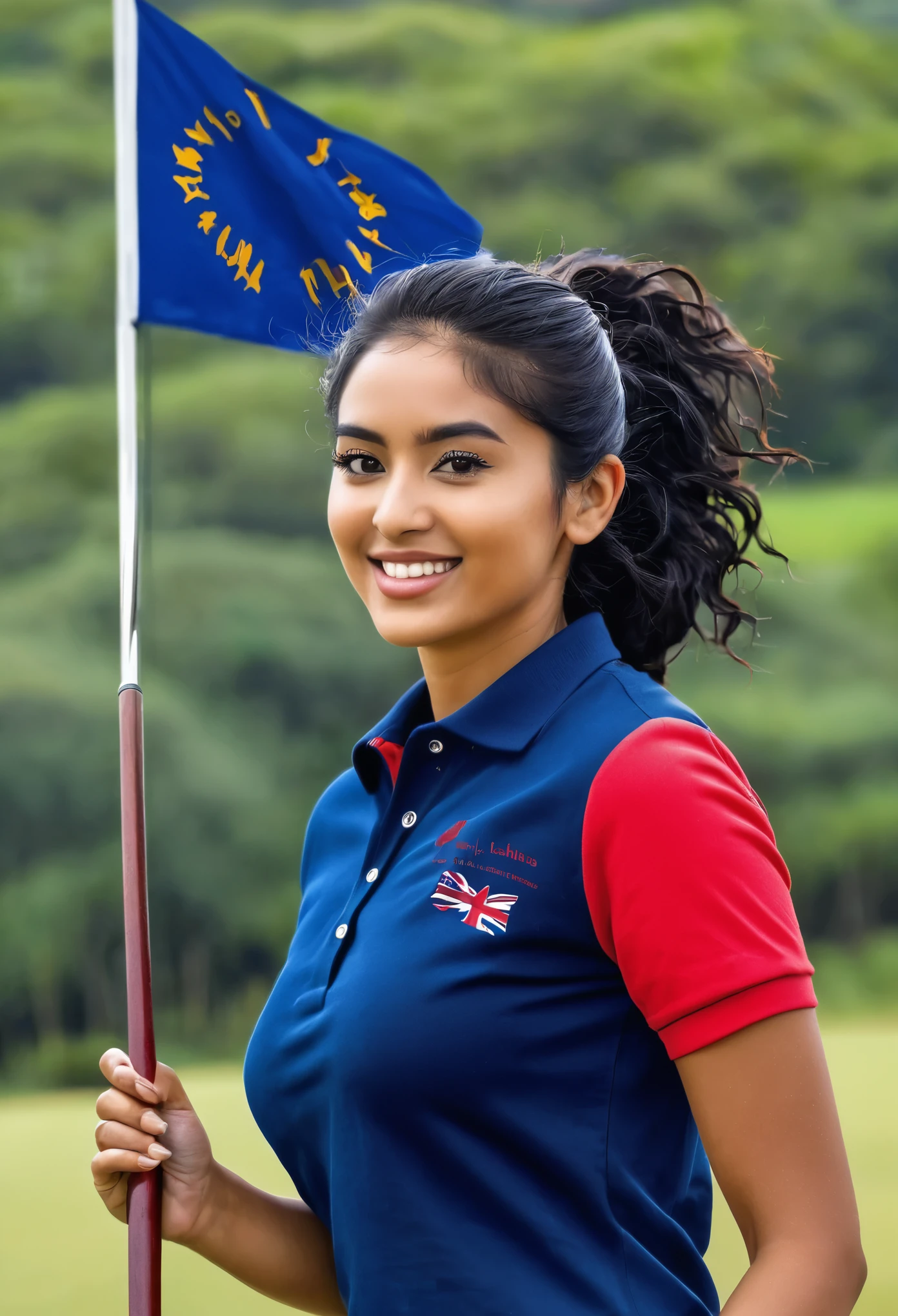 Chica mujer, pelo negro largo, polo rojo filos azules, fondo del idioma ingles paisaje laestatua de la libertad