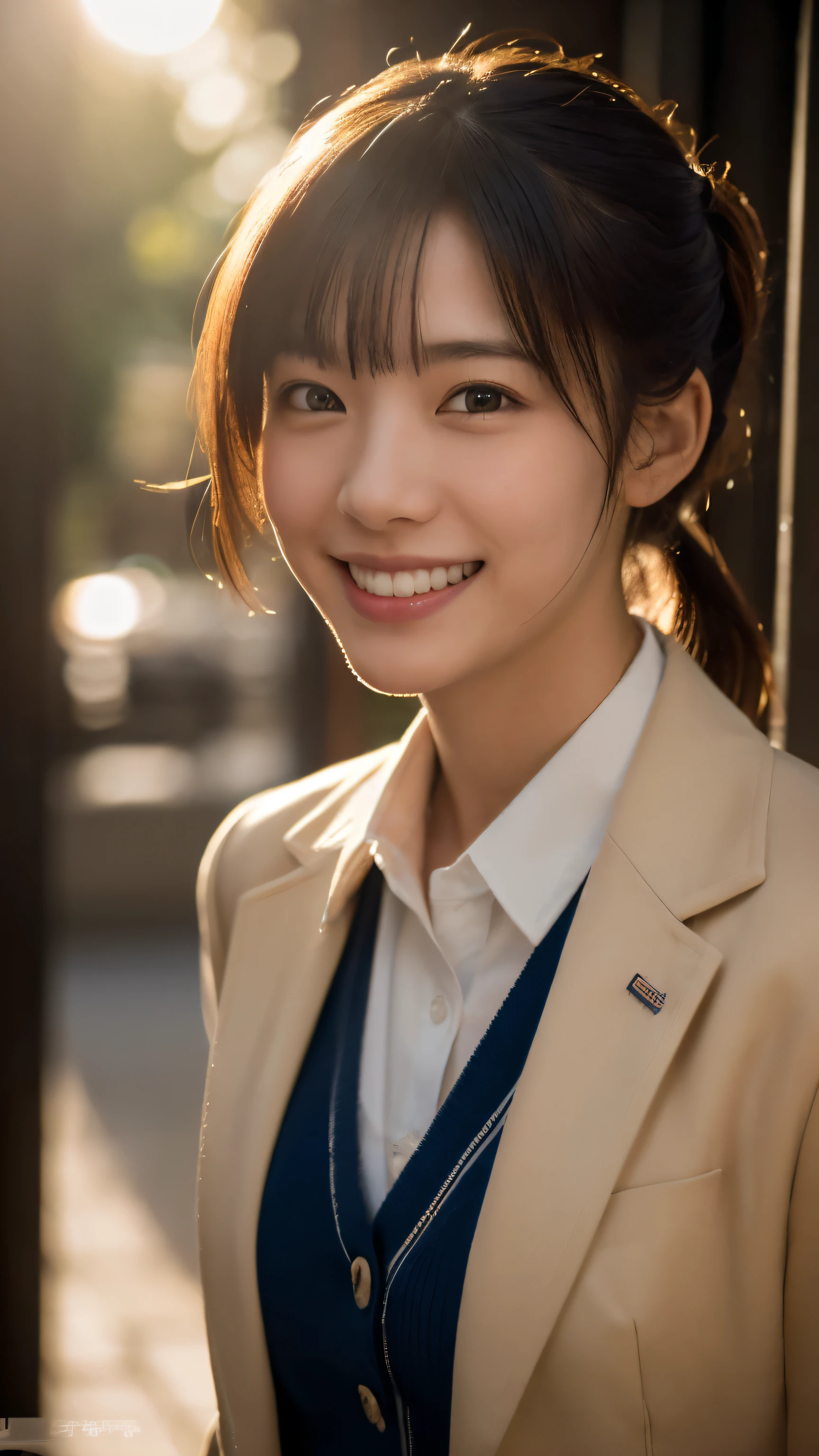 (highest quality,masterpiece:1.3,ultra high resolution),(Super detailed,caustics,8k),(realistic:1.4,RAW shooting),1 girl,(smile and look down at the camera),(front shot:1.1),(look forward to),18-year-old,cute,Japanese,Black short ponytail,school uniform,glamorous,(big ),( close),(focus on the chest),street,sunlight,Natural light,(Backlight),(A bright light shines from behind),(Lens flare),professional writing,(cowboy shot),(low position:1.3),(Low - Angle:1.3)
