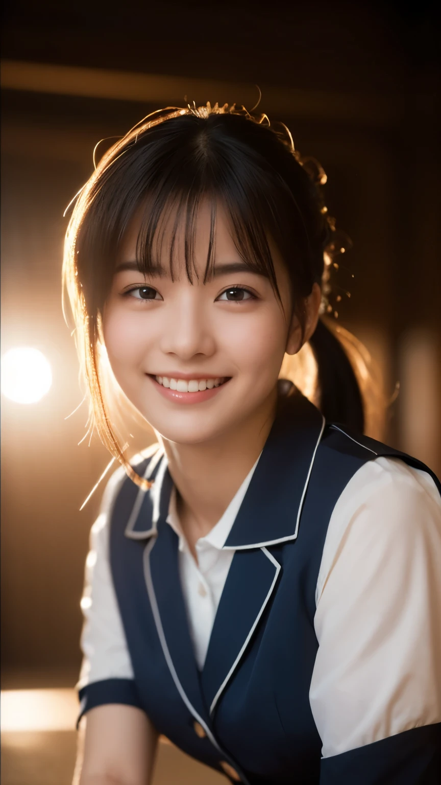 (highest quality,masterpiece:1.3,ultra high resolution),(Super detailed,caustics,8k),(realistic:1.4,RAW shooting),1 girl,(smile and look down at the camera),(front shot:1.1),(look forward),18-year-old,cute,Japanese,Black short ponytail,school uniform,glamorous,(big ),( close),(chest focus),street,sunlight,Natural light,(Backlight),(A bright light shines from behind),(Lens flare),professional writing,(cowboy shot),(low position:1.3),(Low - Angle:1.3)