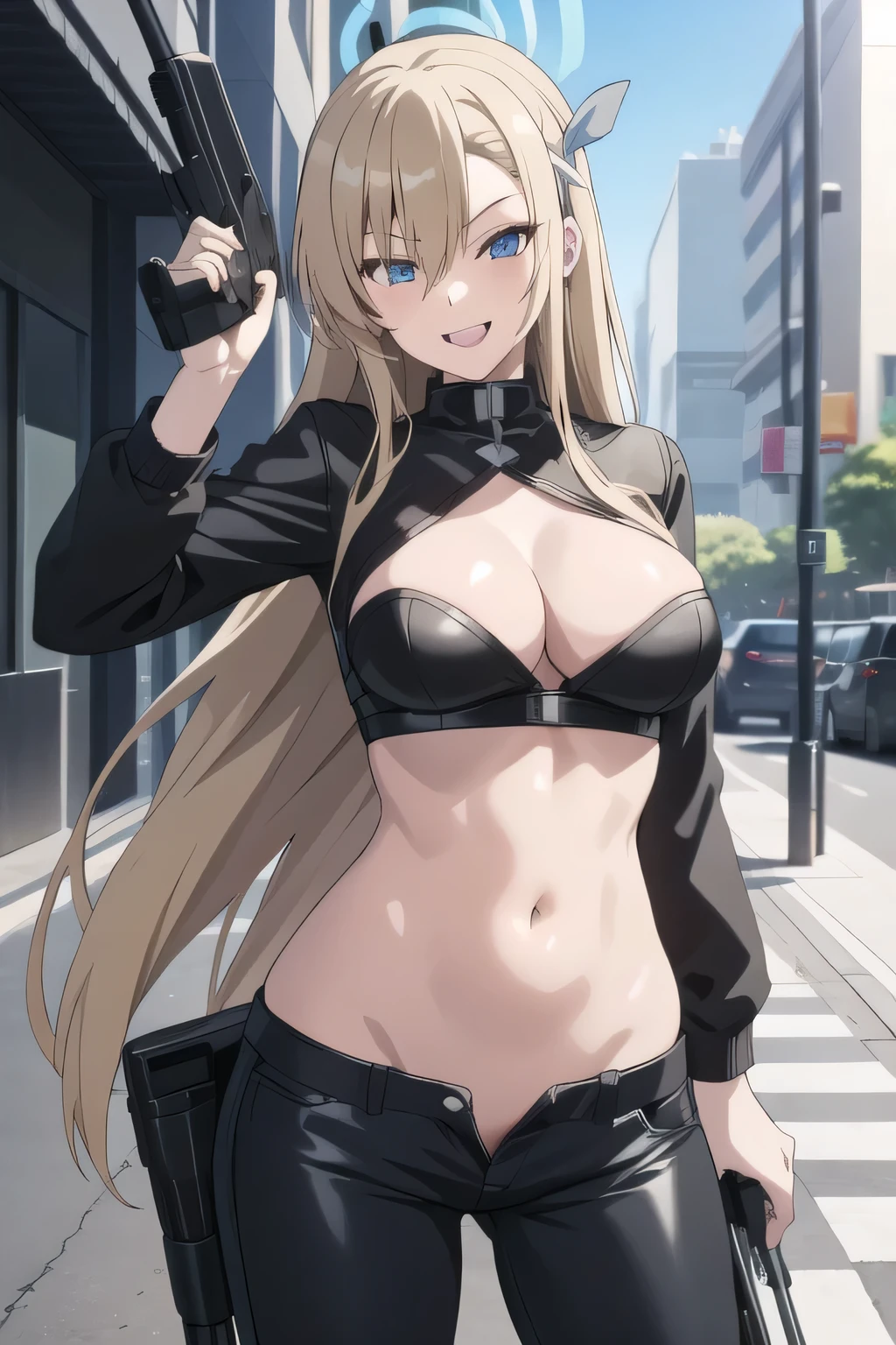 asunaichinose, asuna ichinose, blonde hair, blue eyes, hair over one eye, halo, long hair, mole, mole on breast,
masterpiece, best quality, highly detailed, a girls with a gun, evil smile , open mouth, sexy gaze, badass
pose , evil smile, smile, (nsfw) not safe for work, guns blazing, anime girl with long hair, beautiful long
haired girl, navel, evil expression, exposed belly, exposed navel, exposed midriff, exposed lower belly,
long black pants, crop top, cleavage, unbuttoned leather pants ,open fly, low rise black leather pants,
leather jacket, holding a gun, outdoor,street,road,