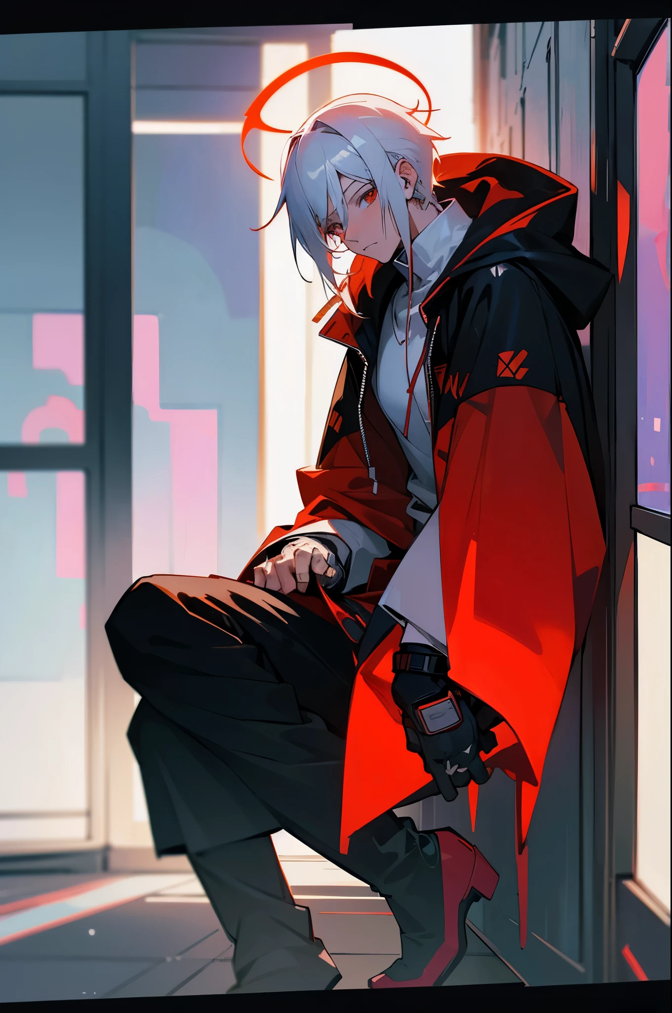 masterpiece,best quality,1boy,male focus,solo,full body,white hair,having a red halo over his head(hooded_cloak:1.1), inside a messy room, sitting in an open window, looking outside, long shot, far away, digital cyberpunk anime art, badass anime 8 k, Anime style 4 K, Anime art wallpaper 8 K, digitl cyberpunk - anime art, anime wallpaper 4k, Anime wallpapers 4 k, anime art wallpaper 4k, Anime art wallpaper 4 K, 4k anime wallpaper,In flames