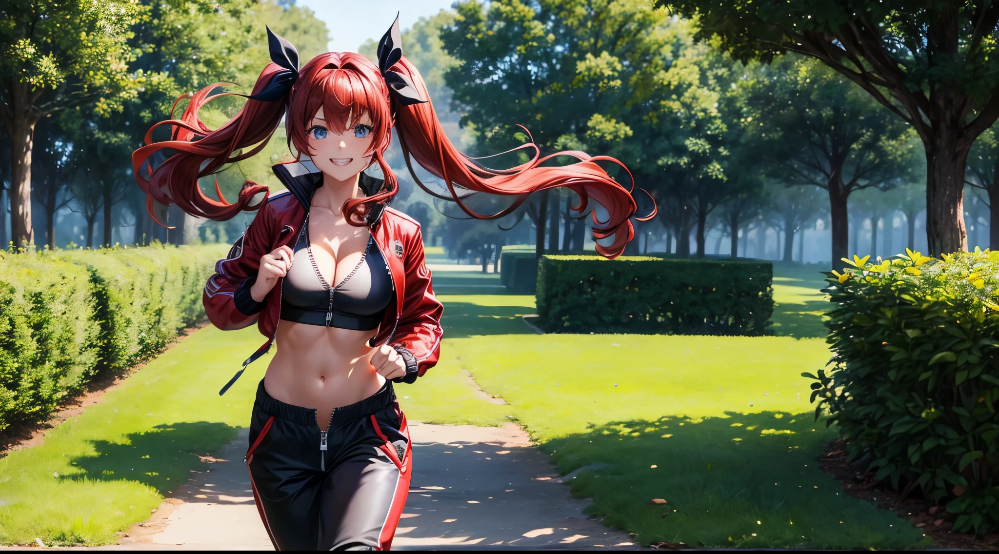 1girl, solo, full body, summer, village, trees, long hair, red hair, curly hair, twintail, large breasts, black and red sport bra, belly, dark blue eyes, ((opened brown zipper jacket)), pants, grin, looking at the viewer, running, hair ribbon