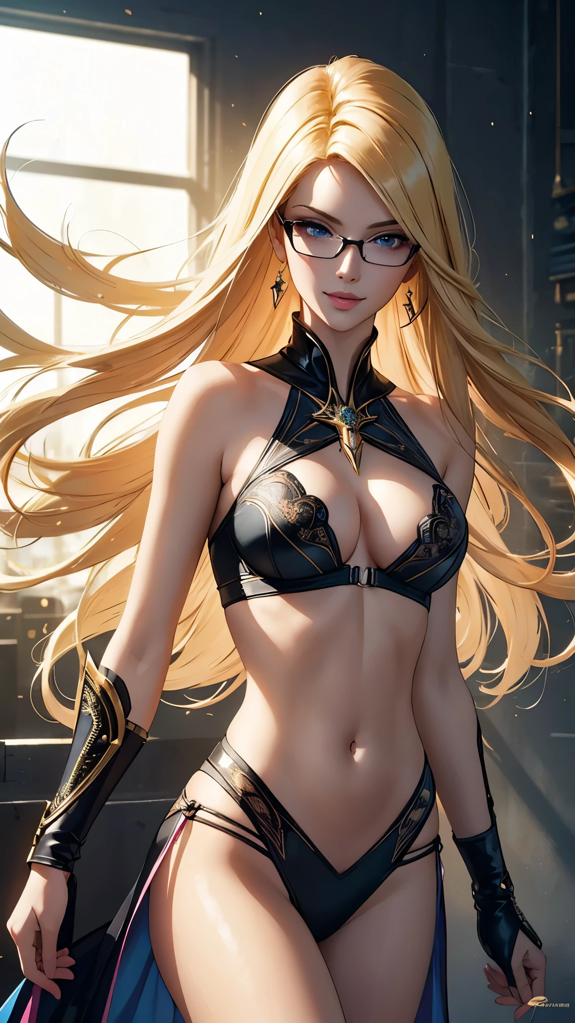 (best quality,ultra-detailed,photo-realistic:1.37),bright and vibrant colors,studio lighting,playful expression,stylish makeup,long blonde hair flowing in the wind,alluring eyes,glossy lips,sexy pose, Bayonetta, shooting range, smiling in a confident and seductive way,posing for a professional photoshoot,shallow depth of field,highlighting the main subject,soft natural lighting,creating a dreamy and magical atmosphere.