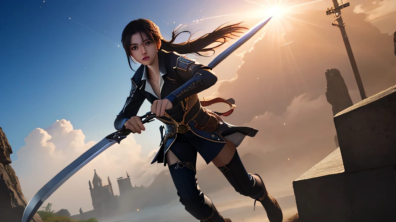 1girl, Blue eyes. She is skilled in sword fighting and has earned accolades for her victories against the strongest fighters in his region. She usually wears collared shirt that covers his neck, hands, and feet. She carried his one handed long sword, She's eyes are focused on something, there are blood spots on her cheeks, Full Body, masterpiece, 8k, RAW photo, wonderful, 最high quality, Photorealistic and very detailed CG integrated 8k wallpaper, high quality, very detailed, Narrative poem, particle effects, dynamic effects, written boundary depth, cinematic light, Lens flare, ray tracing, cloud,colorful)), fantasy,