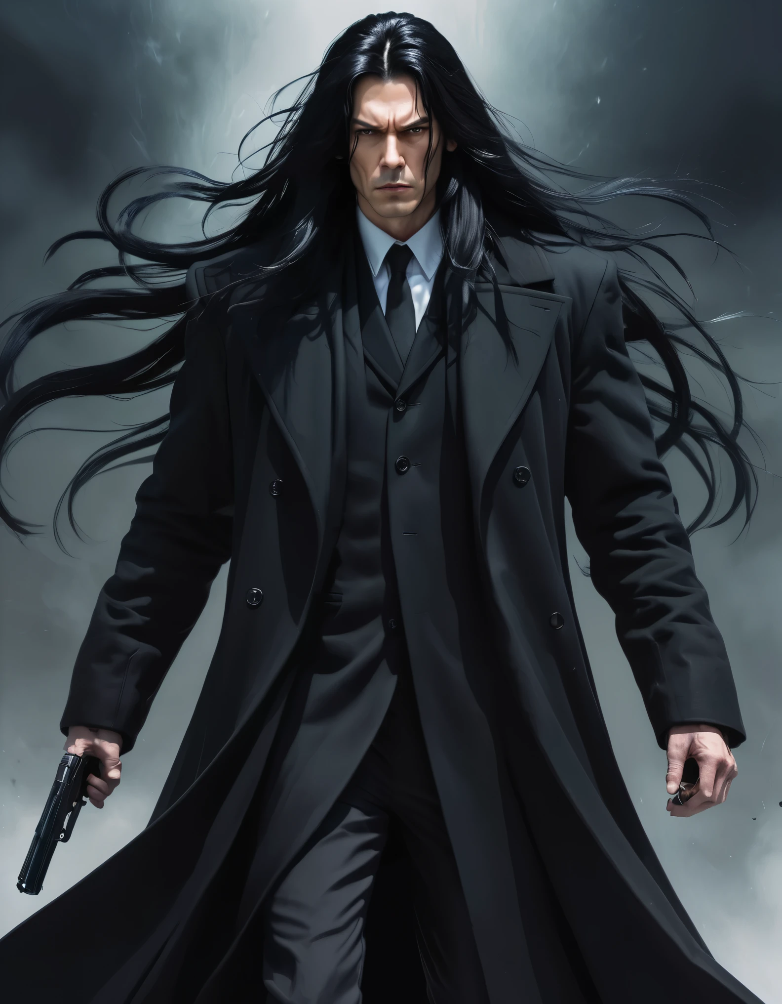ntred intimidating man with long black hair, dark energy, with black overcoat, armed