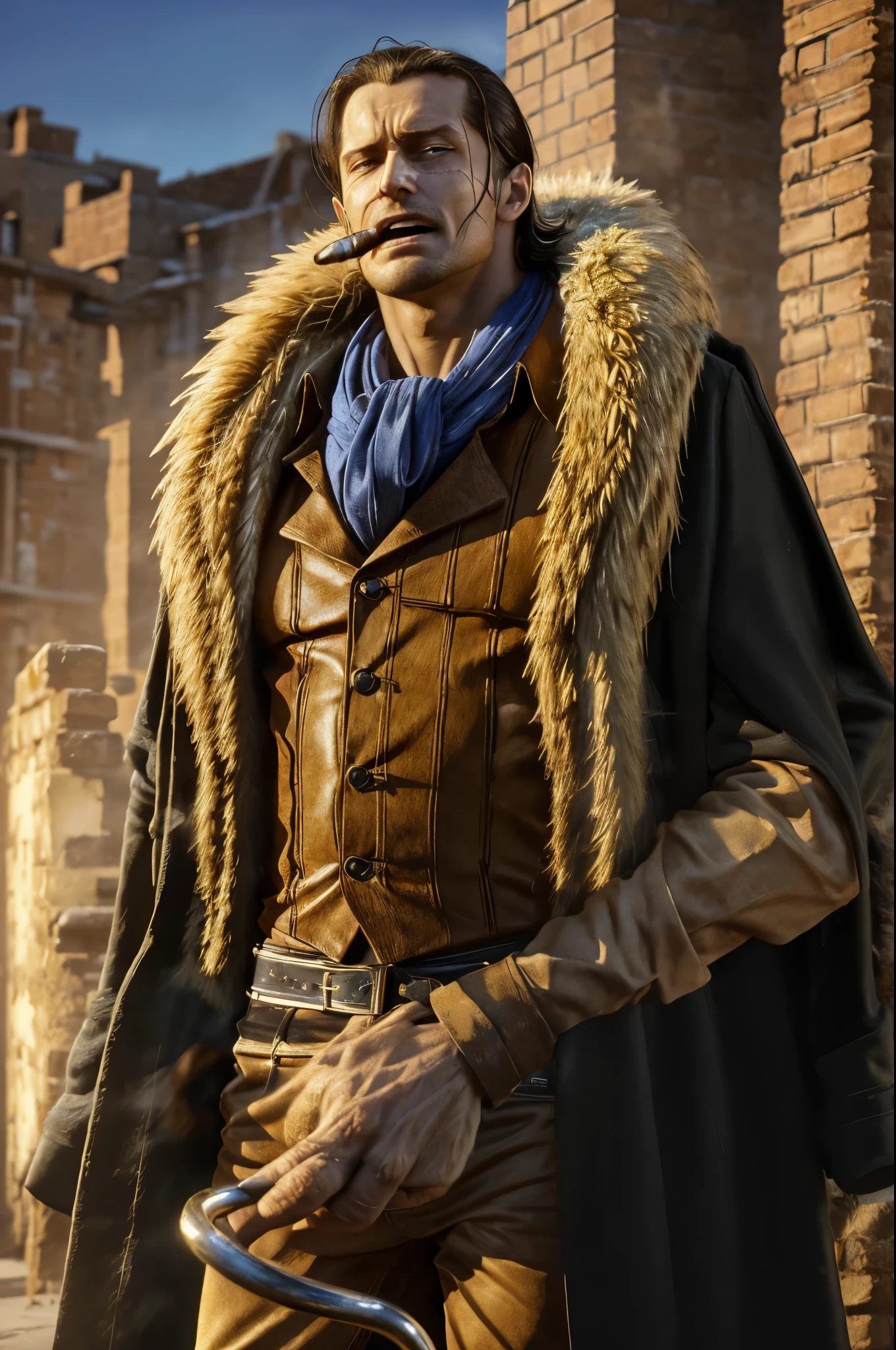 masterpiece, best quality, extremely detailed, hyperrealistic, photorealistic, a cool 40s man, ultra detailed face:1.2, fur-trimmed coat, scarf around the neck, his left hand is a golden pirate hook:1.1, buildings made of white bricks:1.1, blue sky, open mouth, annoyed, dynamic pose
