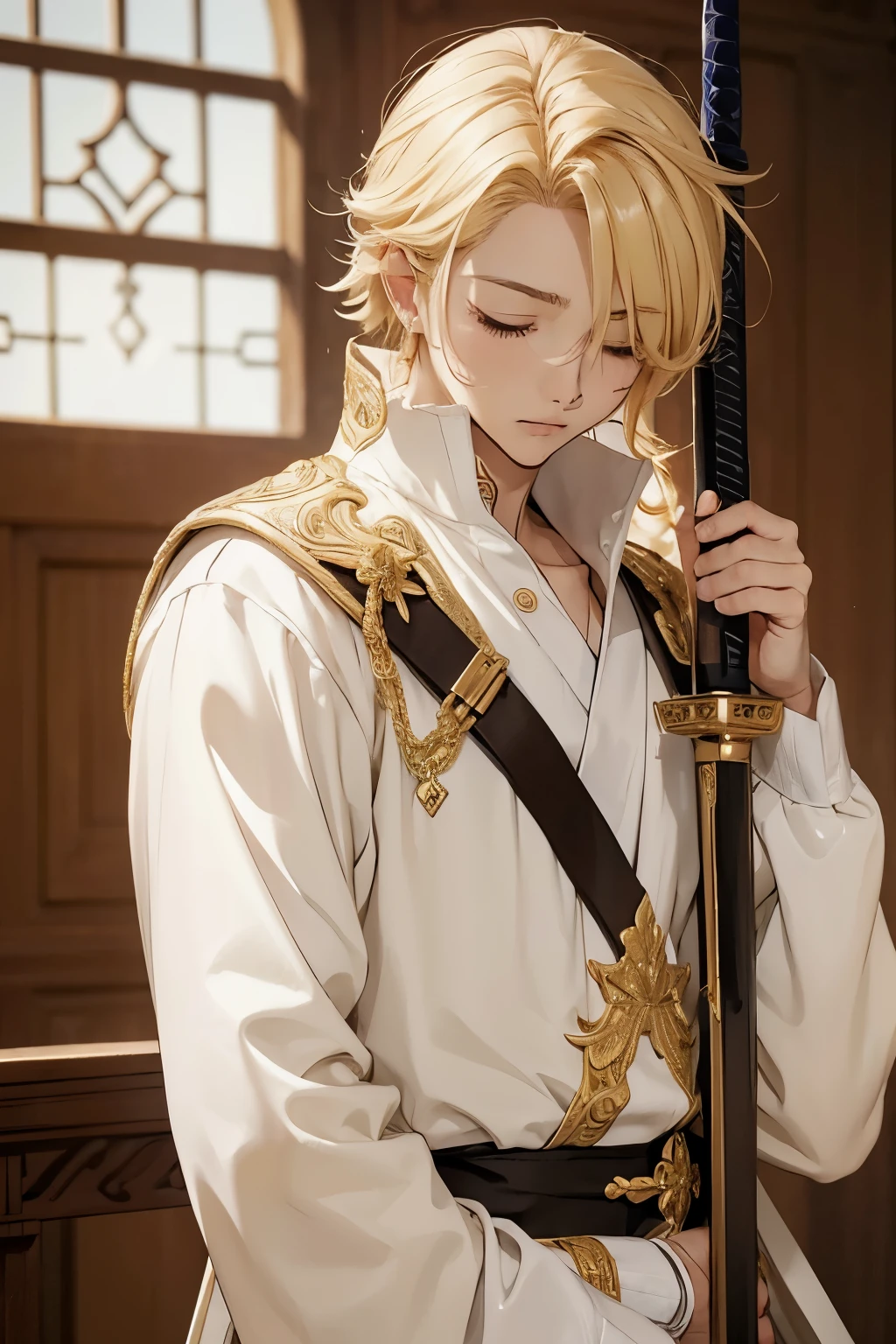 boy, prince, sword, palace,manga, blonde hair, eyes closed, streaming tears, sad, anime, anime style, Baroque, high quality, 1080P
