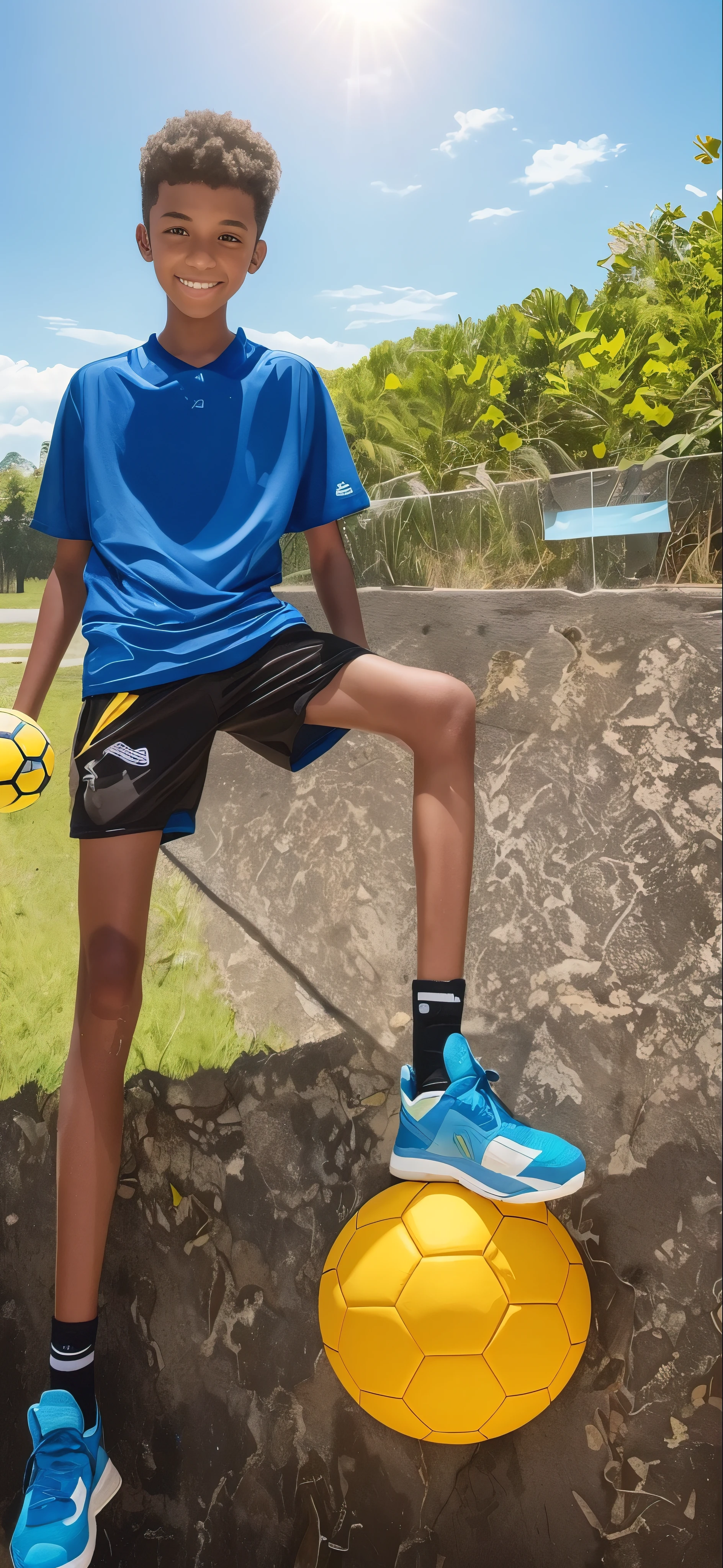 A teenager,librown skin,big eyes,short hair,Wearing blue sports shorts,Yellow short-sleeved top,wear black socks,Blue sneakers,The legs are very thin,There are no muscle lines,high saturation,bright,galaxy background,,toothy smile,indoor soccer