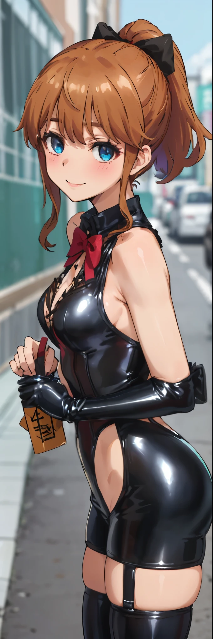 best quality, (masterpiece:1.2), highly detailed, standing, street,
1girl, solo, akatsuki minami,
looking at the viewer, closed mouth, smile, slight blush,
blue eyes, brown hair, ponytail, hair bow, sleeveless, ((the girl is dominatrix and she is wearing latex outfit, she is dominant and merciless)),  cowboy_shot, nsfw 