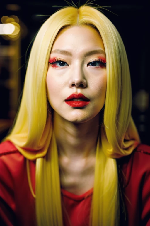 long yellow hair,perfect face,red mouth,makeup,