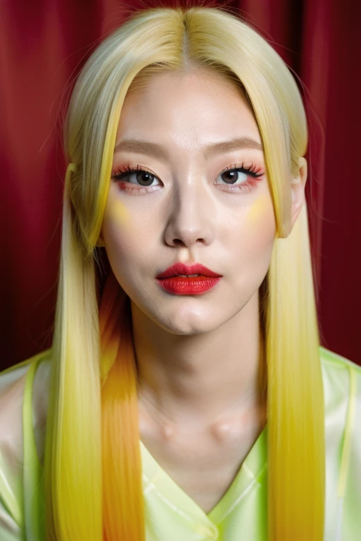 long yellow hair,perfect face,red mouth,makeup,