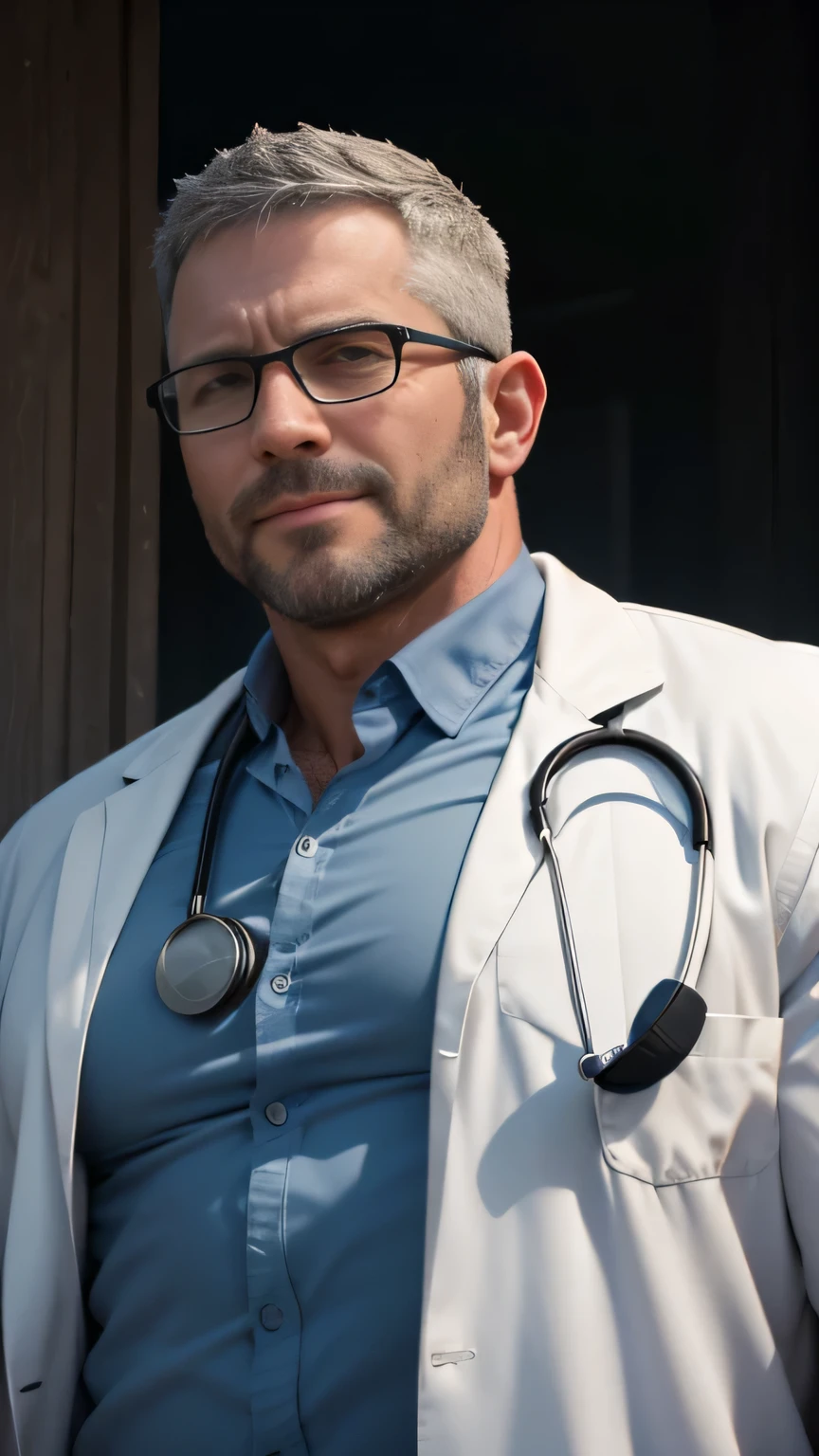 An award-winning original photo，A wild muscular man, (40 years old daddy:1.1), 1boy, Solo, doctor, (white lab coat, formal blue shirt, Stethoscope), black with gray hair, (big shoulder), musculature, stubbles, Short beard, wearing glasses, smiles, Dynamic Angle, volumetric lighting, (Best quality, A high resolution, Photorealistic), Cinematic lighting, Masterpiece, RAW photo, Intricate details, hdr, depth of field, from below