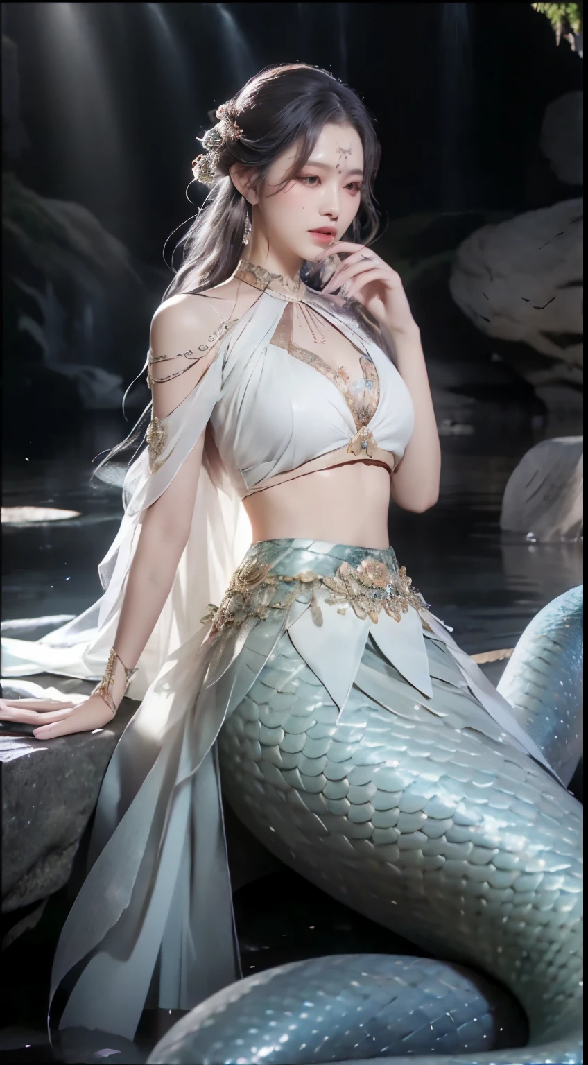 White Snake Ji，((Best Picture Quality, 8K, tmasterpiece:1.3)), sweetheart, hair-bun，hair pin，Slim abs:1.3, (Classic hairstyle, leaking big breasts:1.2), faeries，Delicate white snake scales:1.3, （mermaids：1.2），（Elongated S-shaped white snake tail：1.3），Ultra-fine face, detailed eyes, double eyelid，Meticulous hands，Hand strengthening，Cold，Elegant，（Transparent white tulle skirt:1.2），Many white tulle streamers，They want，Letter tattoos，ancient wind，8K