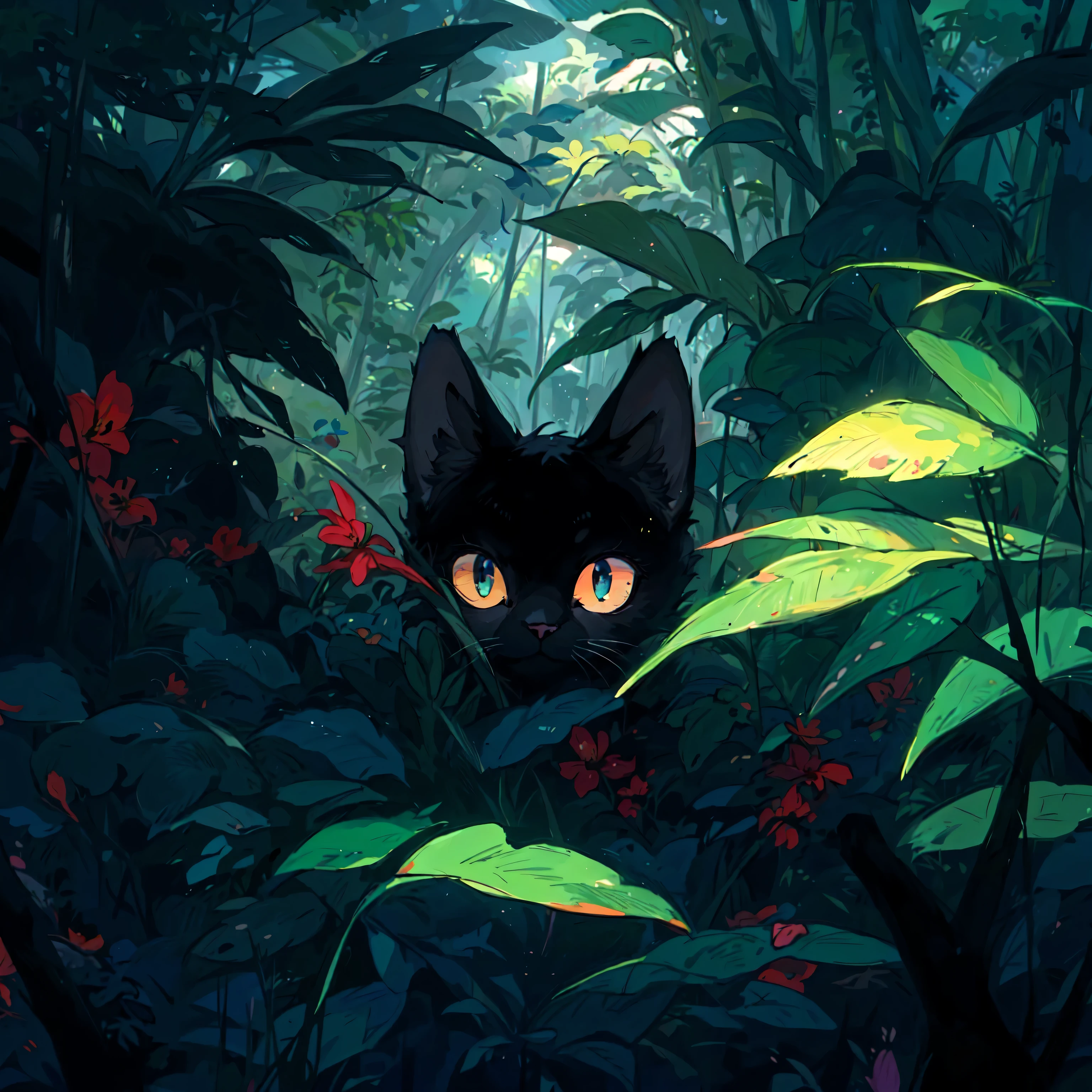 araffe in the jungle with flowers and plants and a cat, cat in the forest, prowling through the forest, by Yang J, jen bartel, lofi art, adorable digital painting, cute detailed digital art, by Ryan Yee, hidden in the forest, warrior cats fan art, anime cat, anime visual of a cute cat, by Ni Tian