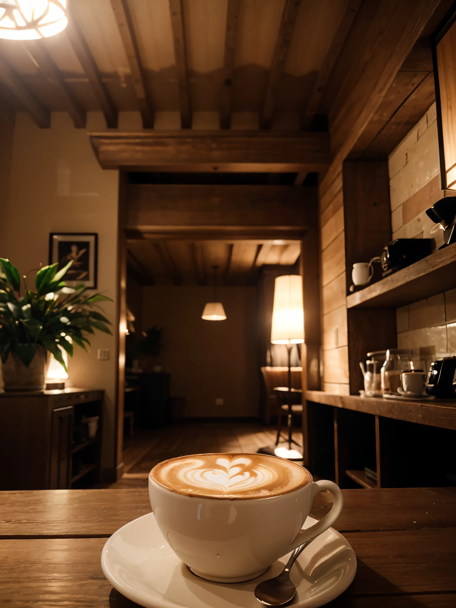 Tumblr-style photography of cappuccino, the photo only captures a cappuccino. The photo was taken in an environment similar to a hotel, there are no people around, sunlight, dark with beams of light in the background. Fully decorated scene.