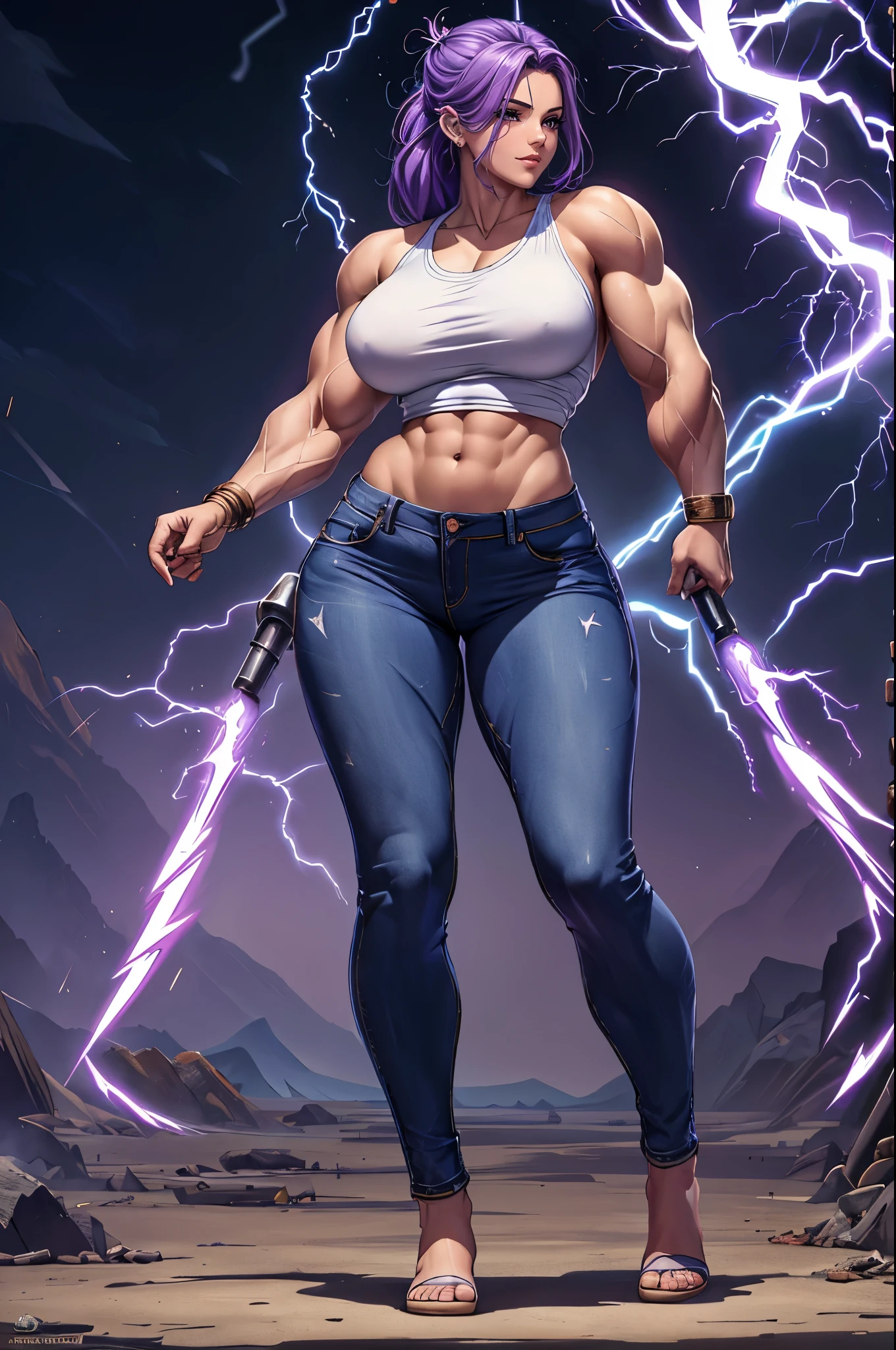 (Numerous award-winning masterpiece, with incredible detail, textures and maximum detail), (full-body standing image:1.9), (hyper realistic:1.4), (Amazingly anatomically perfect and beautiful style:1.9), best quality real texture skin,,(BEST lighting) , (ultra intricately detailed) , 4K unification, (super-detailed CG: 1.2) , (8K: 1.2),(Original), (Masterpiece) , (Best quality),(Masterpiece:1.4),(((woman walking to viewer))),((((Small Breasts)))),(((jeans pants))),(((tanktop shirt))),(((Goddess of thunder))),(((Goddess of energy))),(((Goddess of thunder))),confident,powerfull,(((Lightning powers))),(((thunder powers))),(((Lightning around her body))),(((Purple lightning))),(((energy growing eyes))),(((bright eyeuscle))),(((muscle body))),(((muscle armuscle leguscular))) ,(((muscular body))) ,(((muscular leguscular arms))).